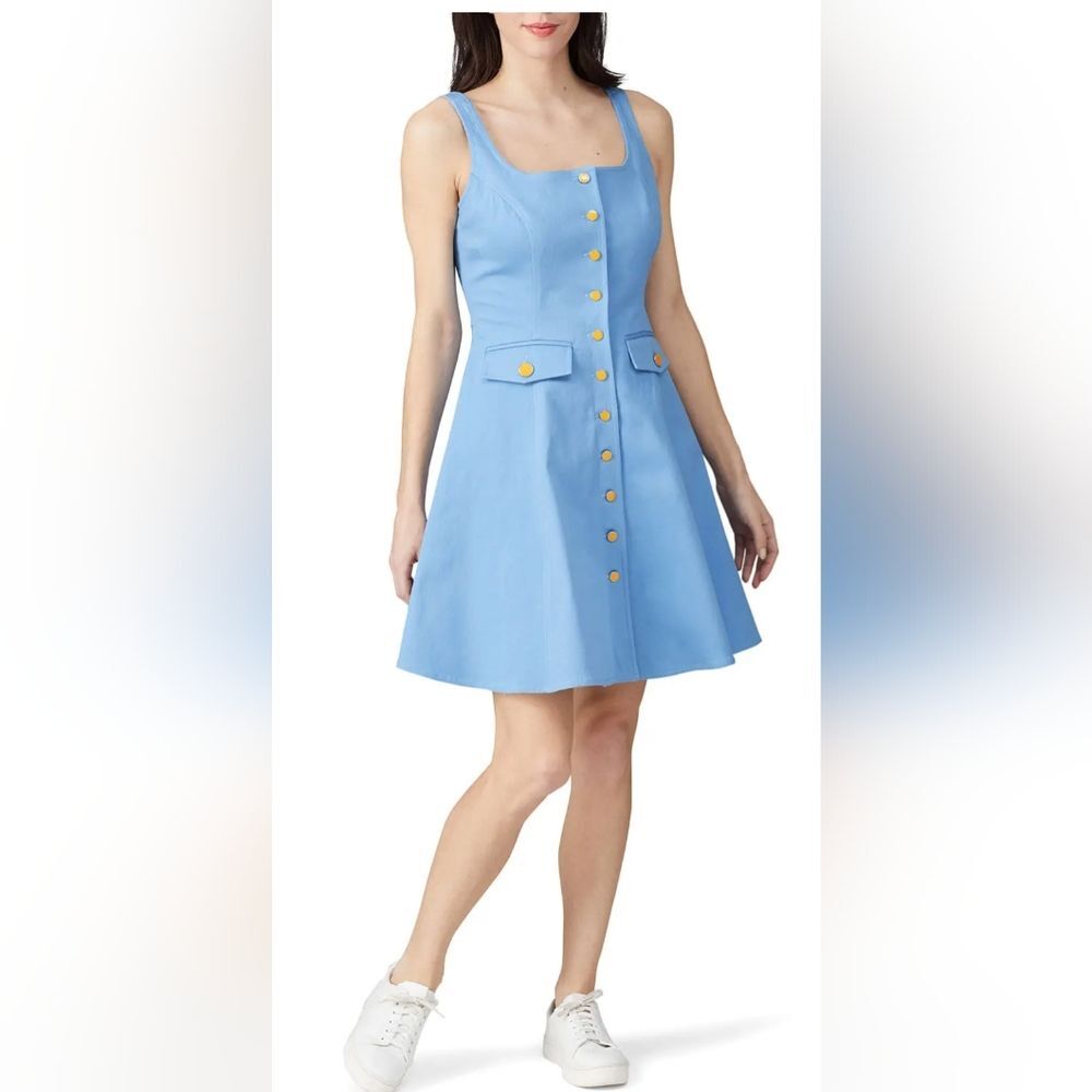 Color Me Courtney Alle  blue Utility cotton stretch Dress gold buttons size 4
